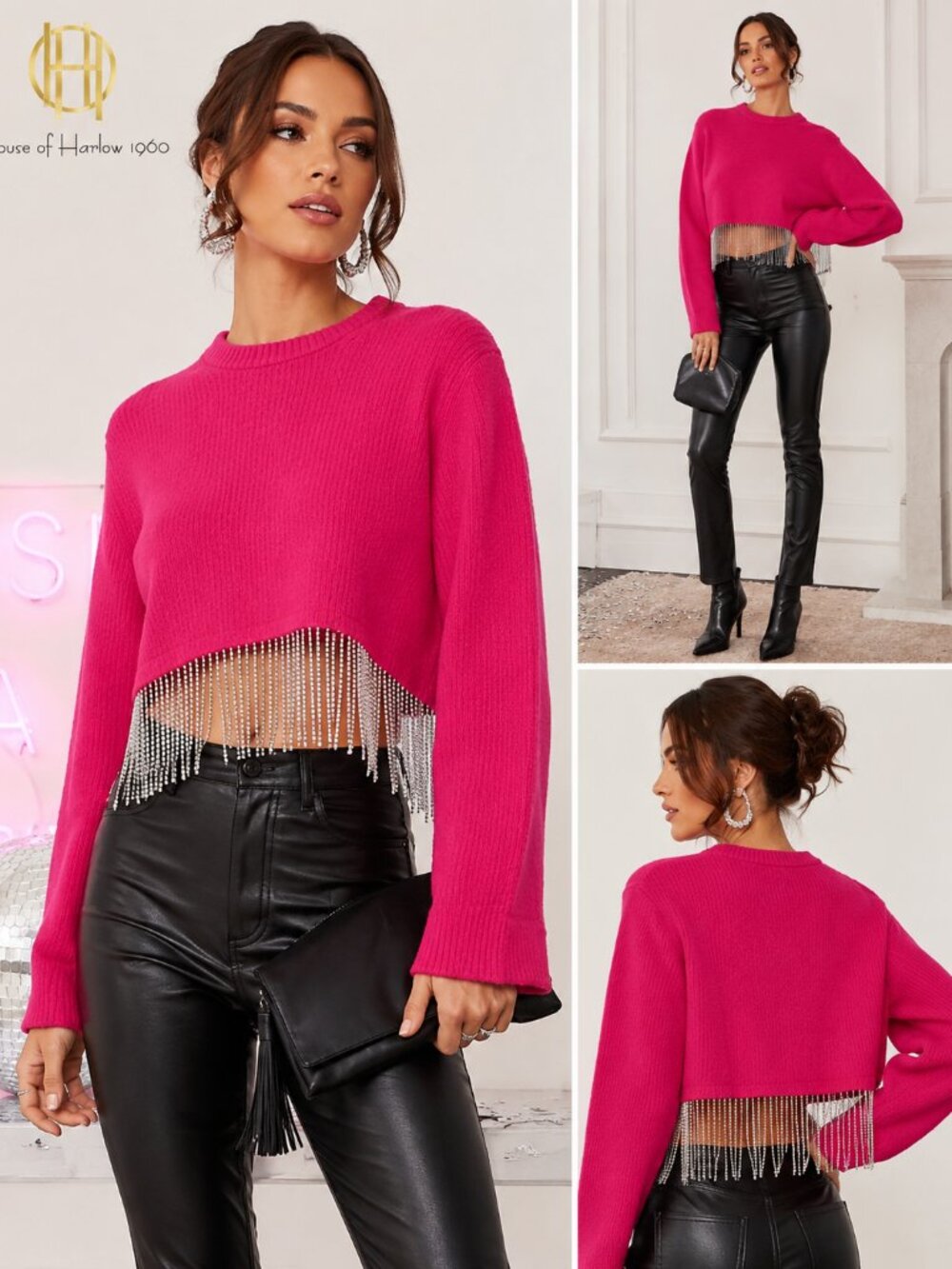NWT House of Harlow 1960 Pink Rhinestone Fringe Mohair Sweater